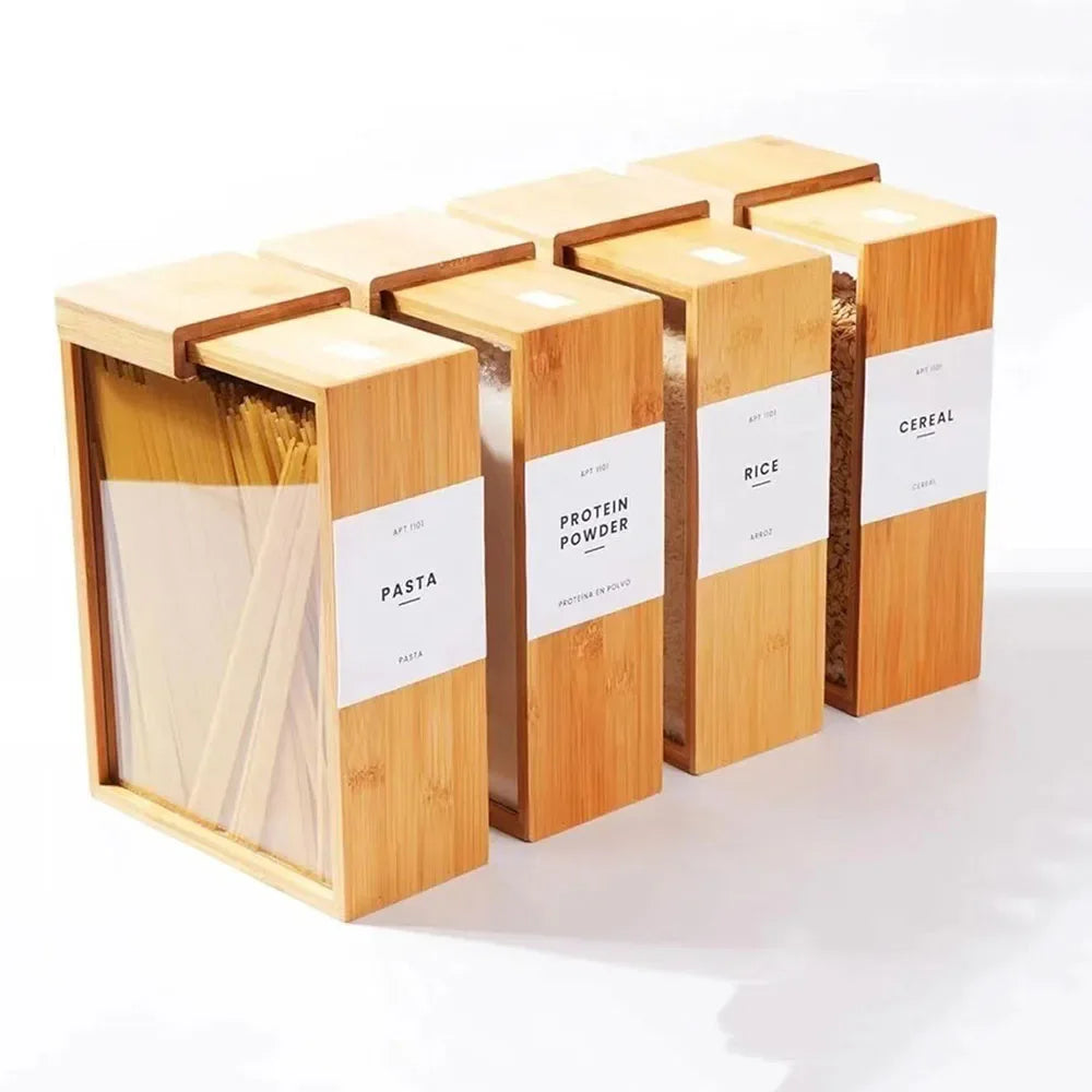 Bamboo Food Dispenser 2L Kitchen Organizer Food Storage Container Cereal Dispenser for Pantry Organizer Organization
