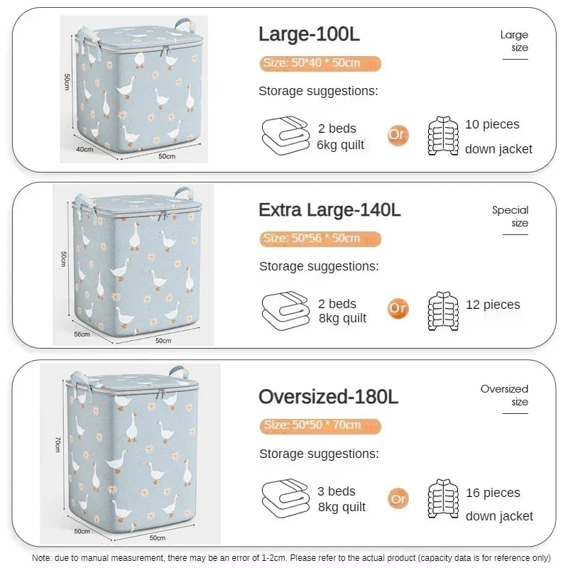 100/140/180L Large-Capacity Quilt Storage Box Wardrobe Clothes Quilt Storage Bag Household Non-Woven Clothing Mobile Luggage
