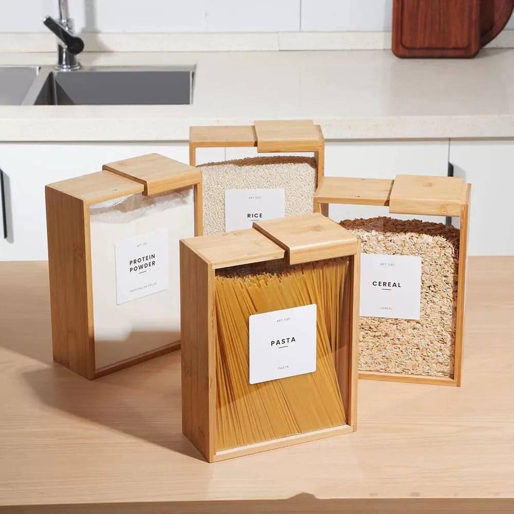 Bamboo Food Dispenser 2L Kitchen Organizer Food Storage Container Cereal Dispenser for Pantry Organizer Organization
